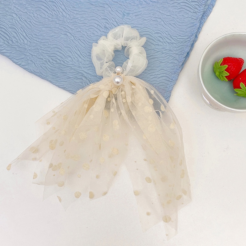 Dây Cột Tóc Vải Lưới Họa Tiết Chấm Bi Phối Tua Rua Và Ngọc Trai Xinh Xắn