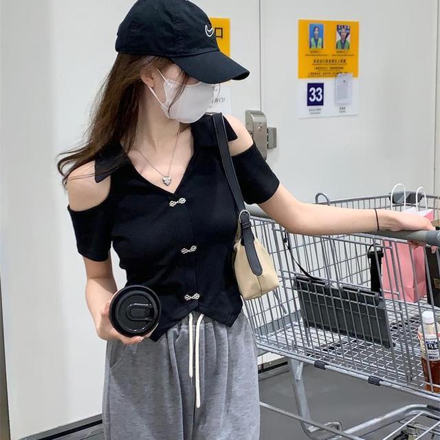 Áo Thun Tay Ngắn Cổ Chữ V Hở Vai Thời Trang Mùa Hè Phong Cách Hàn Quốc Mới