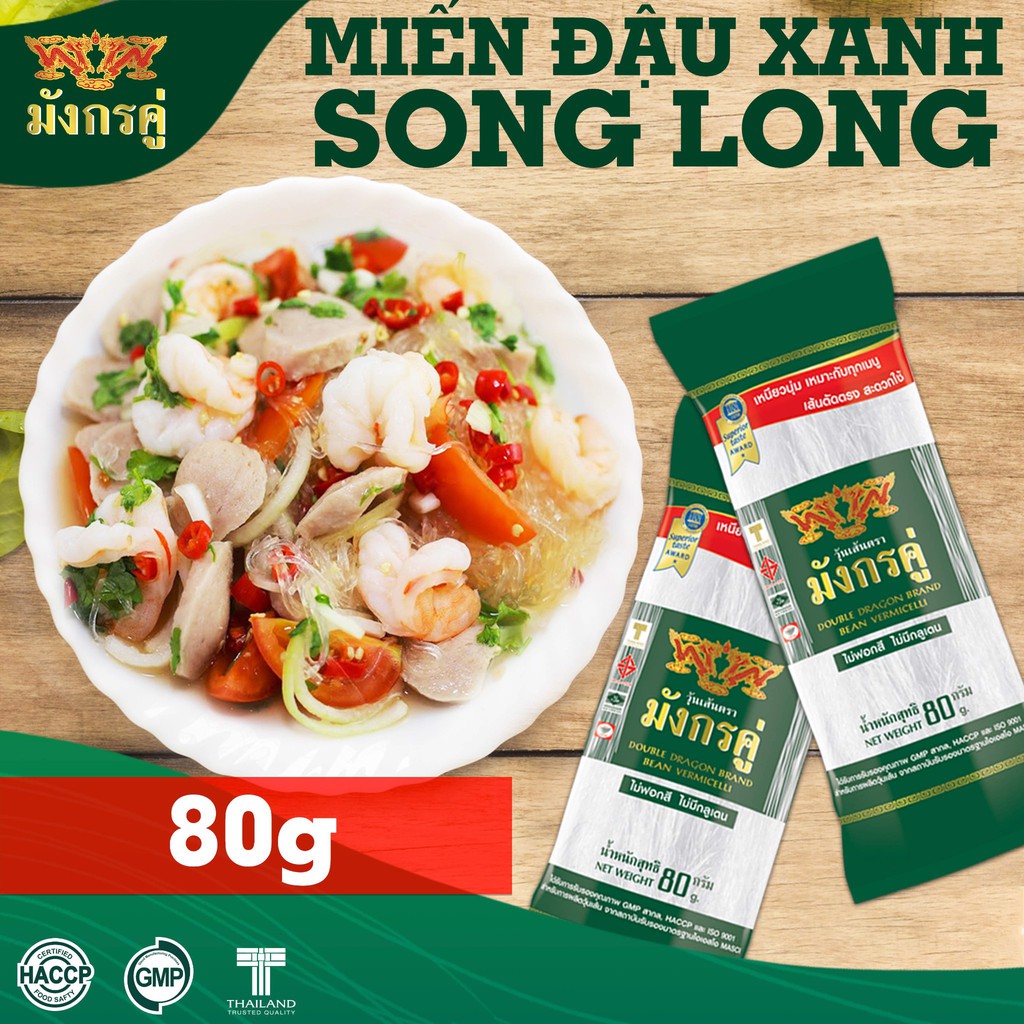 Miến khô đậu xanh SONG LONG Thái Lan 80gr miến Double Dragon ThaiWah - túi xanh lá