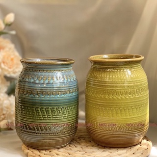 Bình hoa gốm sứ Bát Tràng men hỏa biến tone xanh chuyển màu vintage trang trí nội thất đẹp