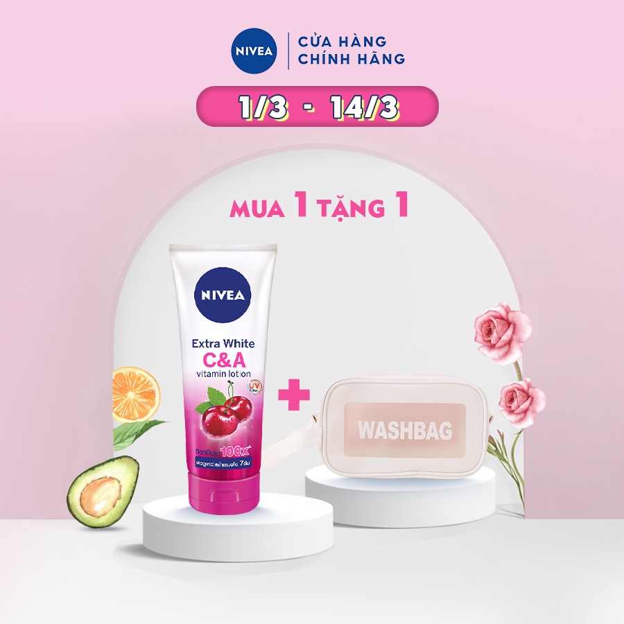 [TẶNG TÚI WASHBAG] Bộ sữa dưỡng thể dưỡng trắng Nivea Extra White C&amp;A Vitamin Lotion 180ml TẶNG TÚI TRANG ĐIỂM