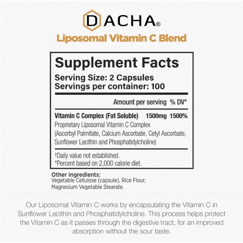 Viên uống hỗ trợ tăng đề kháng DACHA Natural Liposomal Vitamin C 1500mg 200 viên USA