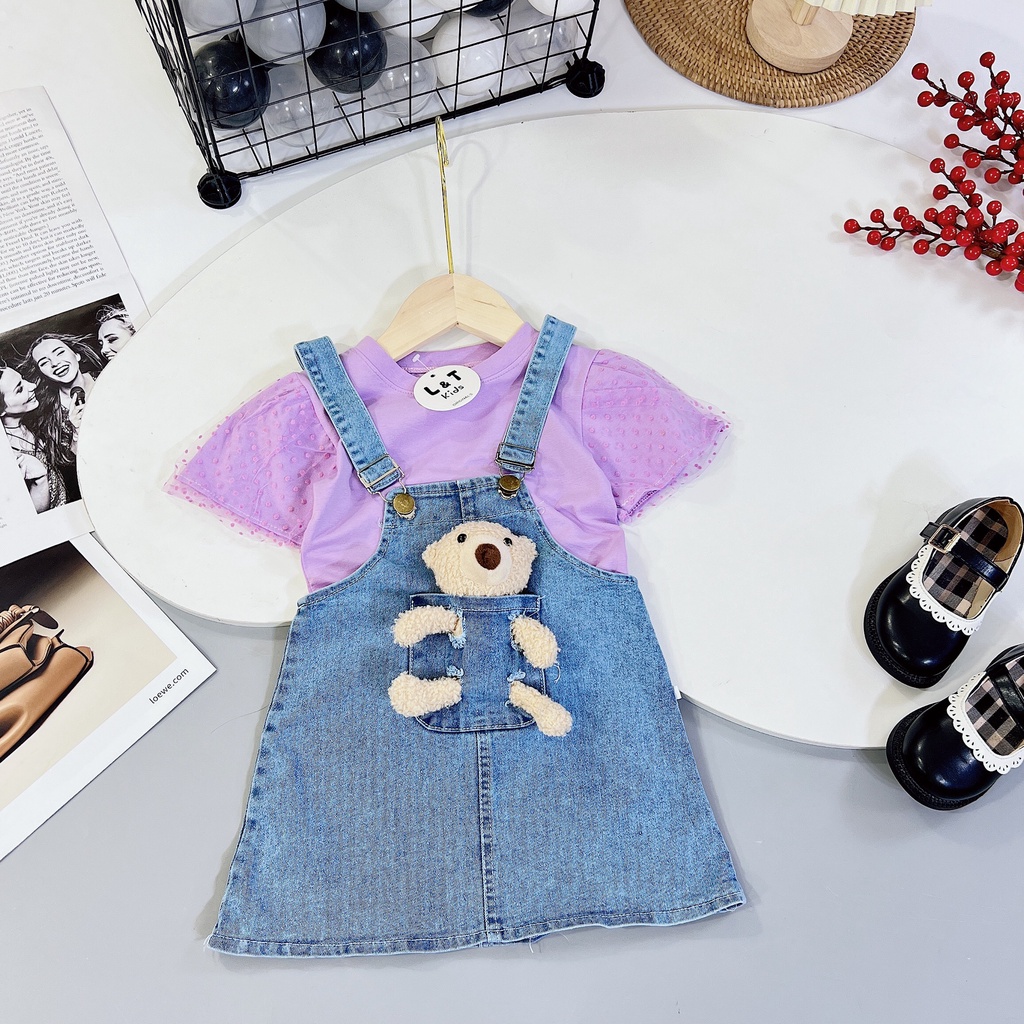 Yếm váy bò jean cho bé gái nơ xinh xắn từ 10kg đến 22kg - bộ đồ bé gái Áo cotton phối bèo kết hợp yếm jean giặt mềm.
