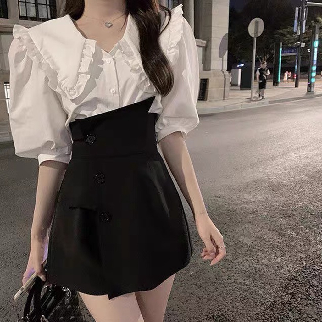 Áo sơ mi kiểu nữ màu trắng, Áo sơ mi cổ bèo tay phồng tiểu thư Ulzzang hàng loại 1 hàng Quảng Châu cao cấp