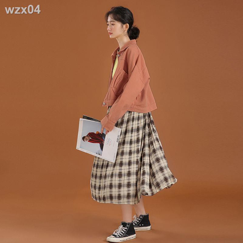 Chân váy dạ kẻ sọc Nhật Bản mùa thu dài giữa eo cao xếp ly nữ đông