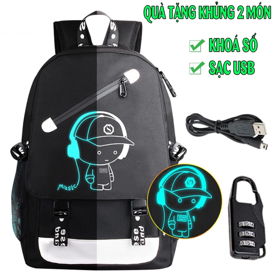 Balo đi học nam nữ phát sáng Baloking hình Boy Music + Tặng cáp sạc USB bền xịn - Hàng HOT năm nay