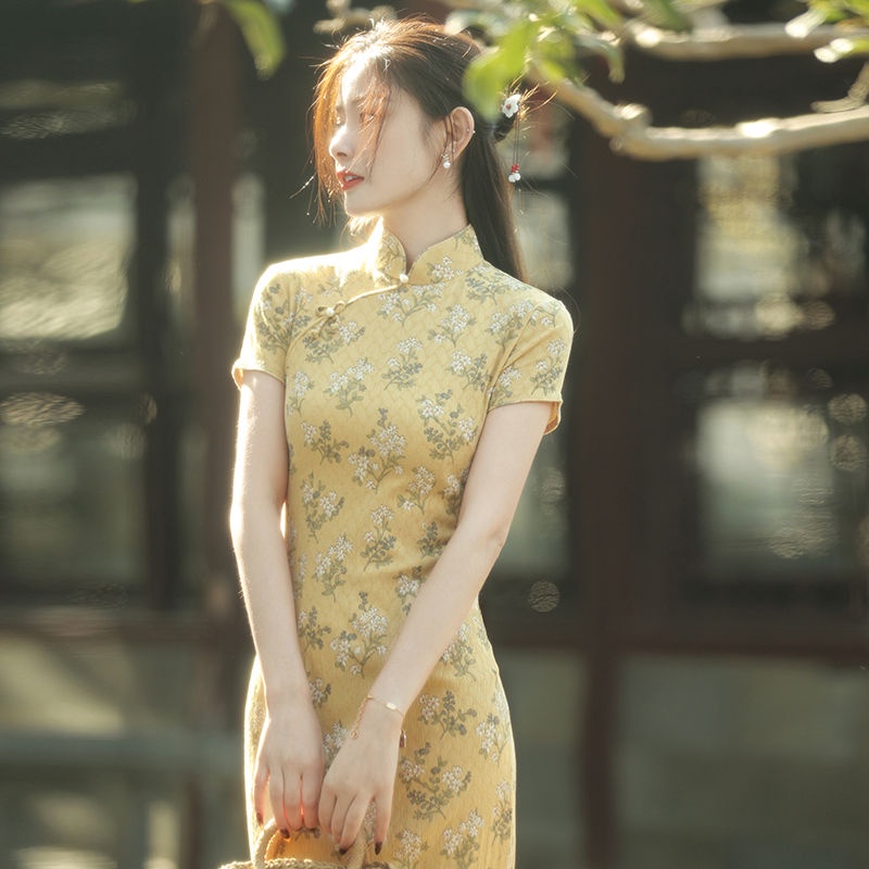 Size S-3xl Short Sleeve Lady's Midi Dress with New Yellow Flowers Summer dress