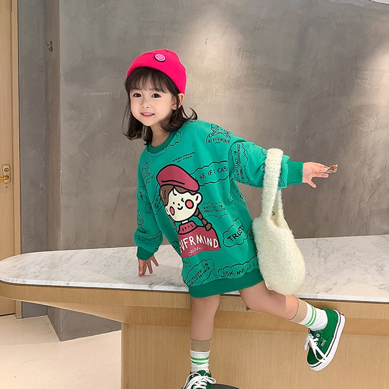 Đầm Tay Dài Hoạ Tiết Hoạt Hình Cho Bé Gái 1-8 Tuổi