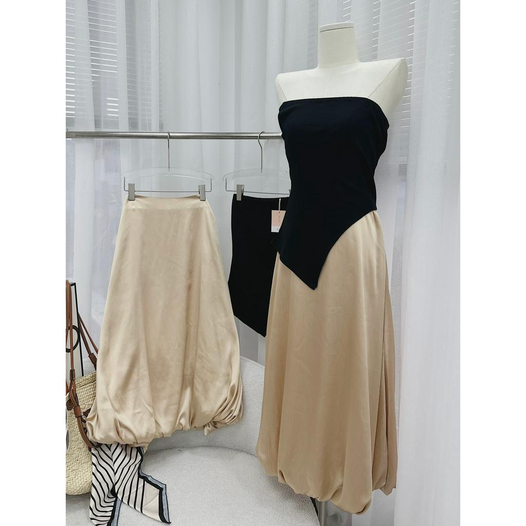 SET ÁO ỐNG LỆCH TÀ ĐEN + CHÂN VÁY KEM MIDI (TH)