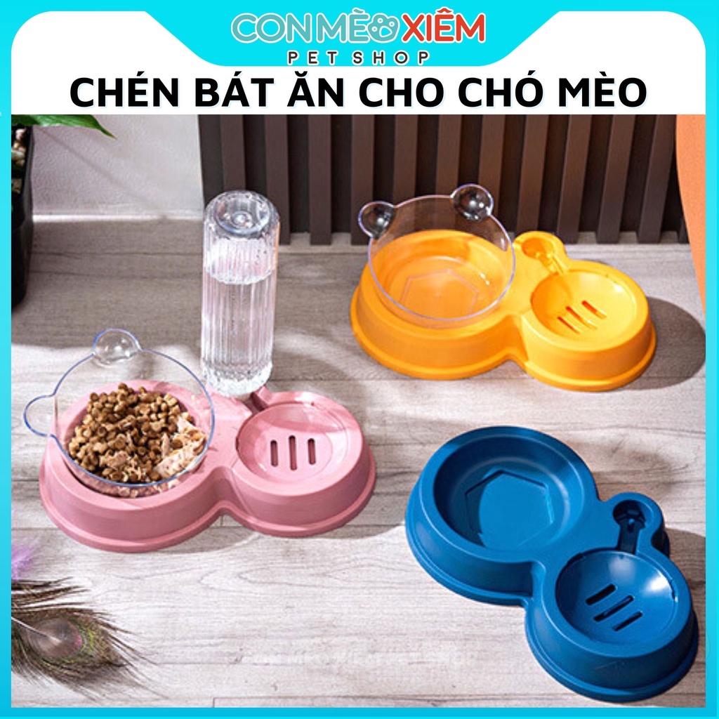 Chén ăn nghiêng cho chó mèo bát đôi nhựa đựng thức ăn có khay nước, phụ kiện thú cưng Con Mèo Xiêm