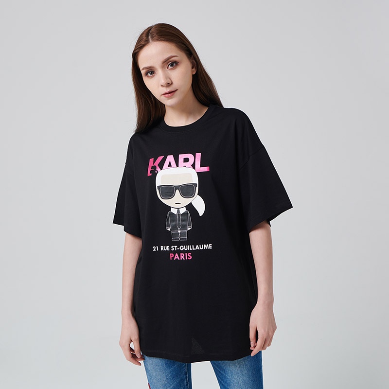 Áo Thun Cotton Tay Ngắn In Họa Tiết Hoạt Hình Karl Lagerfeld Thoải Mái Cho Nữ