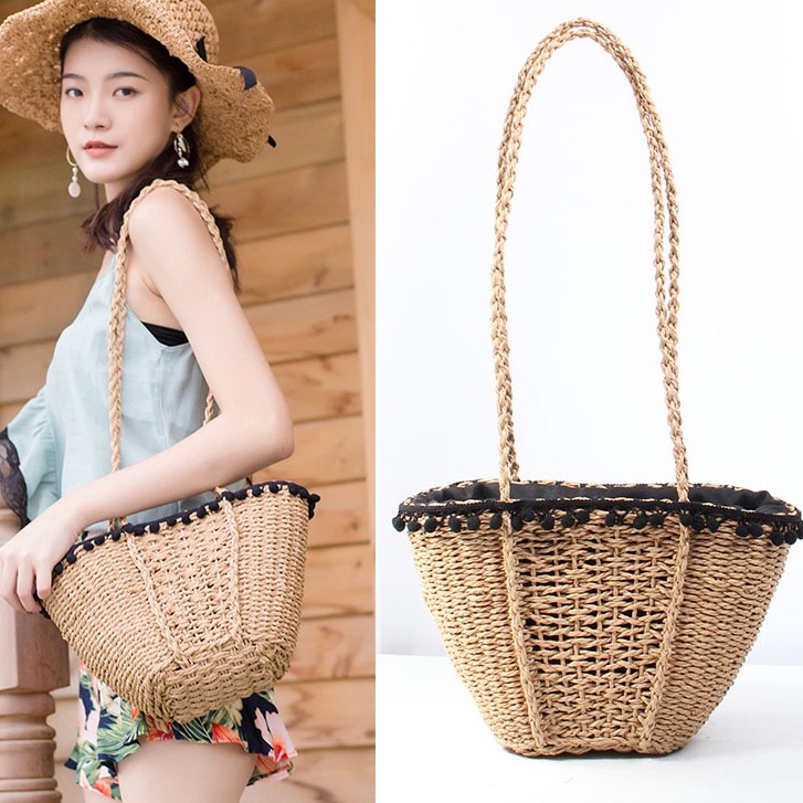 Túi cói xách tay có tua rua thời trang đi biển phong cách vintage Labonia