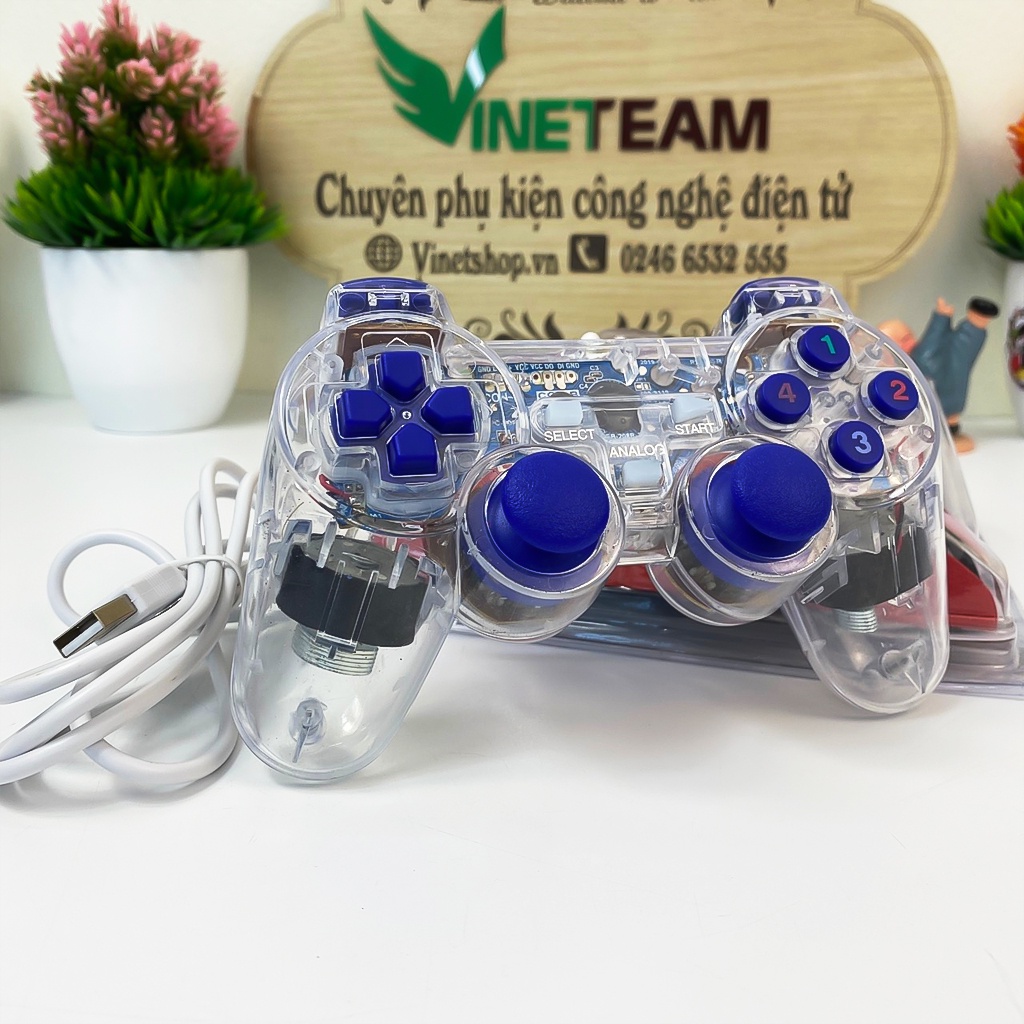 Tay cầm chơi game PC Cổng USB Có Đèn Led + Rung Trong Suốt SB-19 Chơi FO4, Genshin Impact, Pes 2022 -DC4824