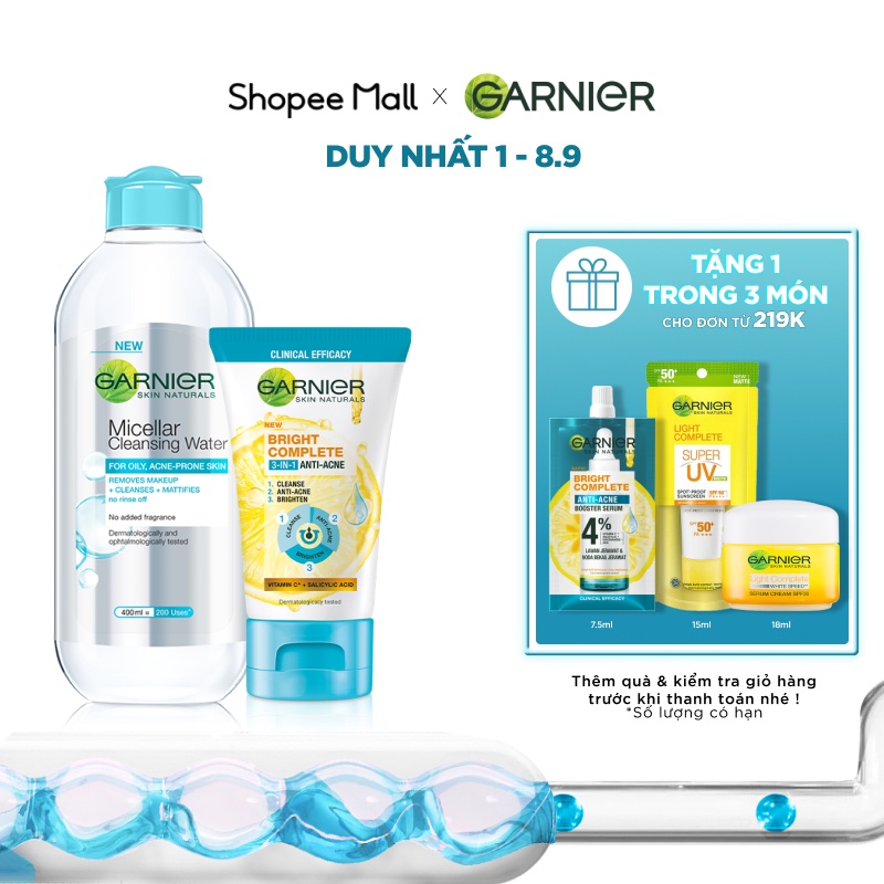 Bộ sản phẩm làm sạch, giảm mụn và sáng da dành cho da dầu mụn Garnier
