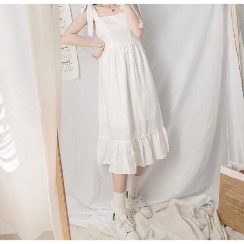 Đầm Maxi 2 Dây Thắt Nơ Vai Màu Trắng, Váy Trắng 2 Dây Cột Nơ Vai Bánh Bèo, Maxi Đi Biển Form Chuẩn