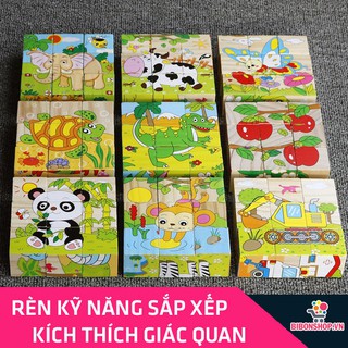 Đồ Chơi Xếp Hình Đa Chiều 6 Mặt 9 Khối Bằng Gỗ An Toàn Cho Bé