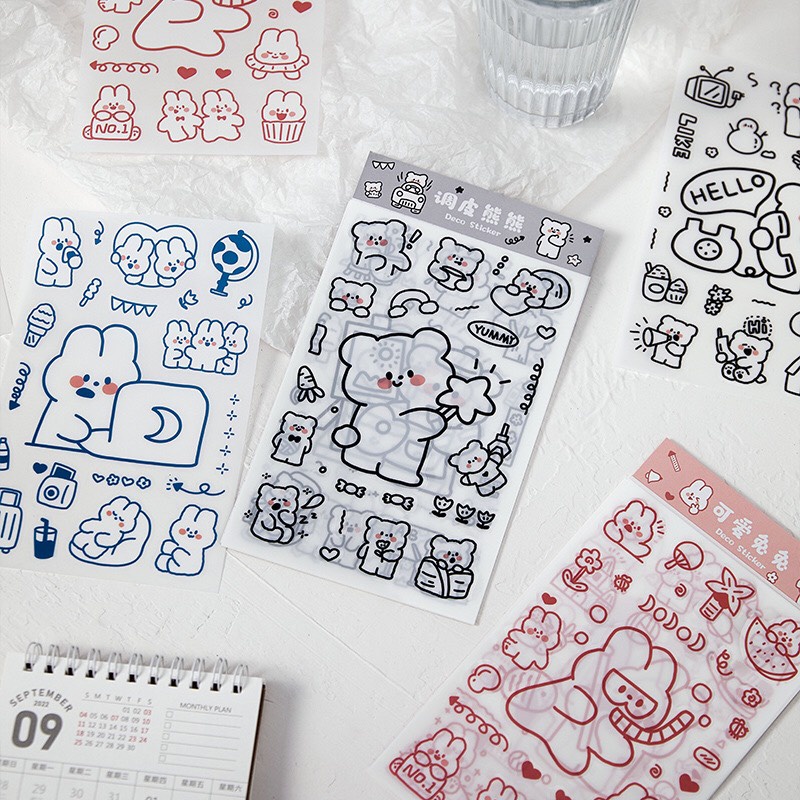 Hình dán sticker gấu siêu siêu cute vĩ 6 miếng nhiều hình khác nhau trang trí sổ tay, máy tính, laptop, góc học tập