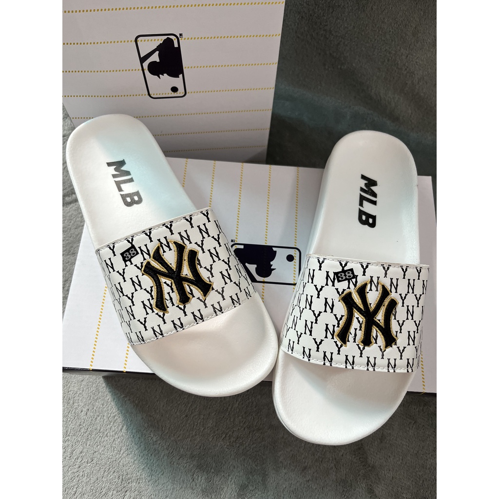 Dép nam nữ M.L.B Trắng chữ thêu hàng Full box, Quai ngang, Đế cao su nhẹ, êm chân