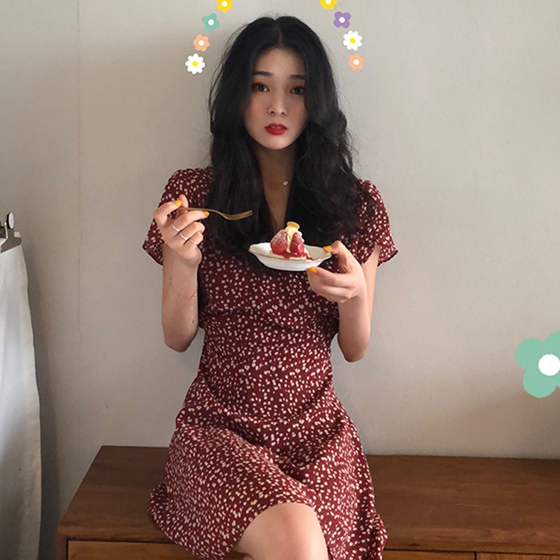 Đầm Chữ A Cổ Chữ V In Họa Tiết Hoa Phong Cách Hàn Quốc Thời Trang