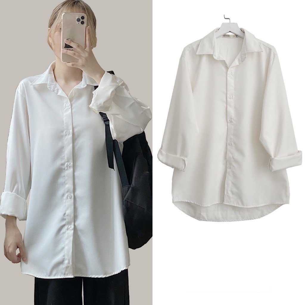 Áo sơ mi trơn unisex - Áo dài tay cổ bẻ khuy cài form rộng, dáng suông thiết kế đơn giản Ulzzang
