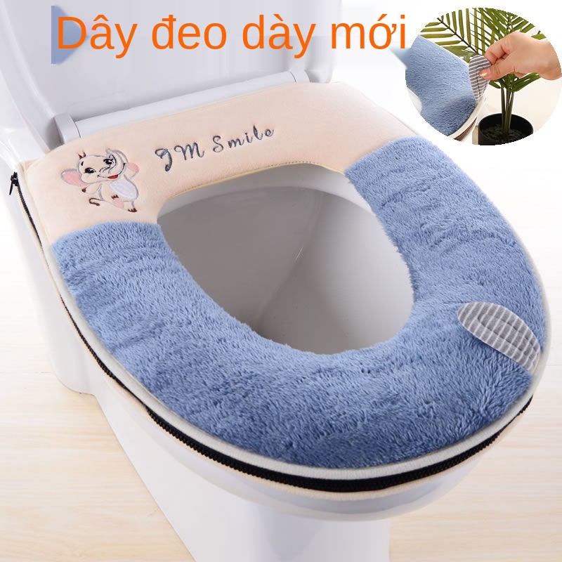 Đệm lót bệ ngồi toilet hai sọc Nắp bàn cầu dây kéo hoạt hình dày dặn bệ ngồi toilet thu đông không thấm nước và giặt đượ