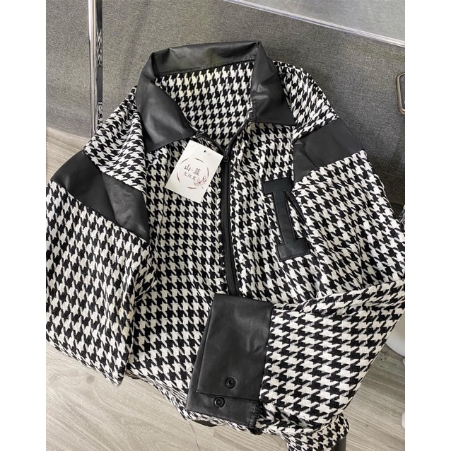 Áo dạ kẻ phối da siêu xinh