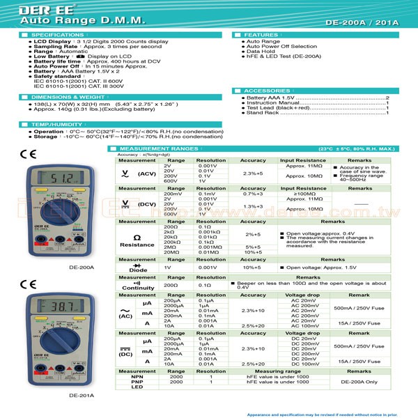 Deree DE - 200A Đồng hồ đo vạn năng điện tử