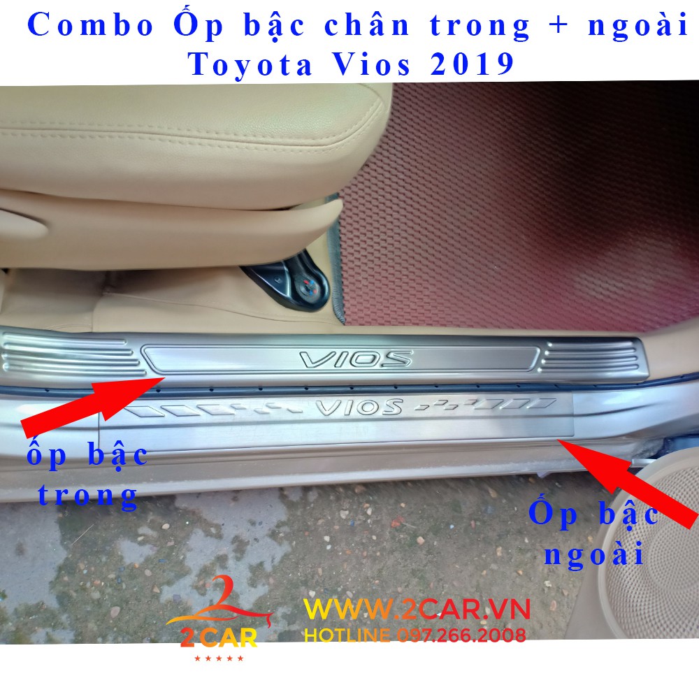 Bộ ốp bậc chân trong + ngoài xe Toyota Vios 2019 - 2021, chất liệu inox