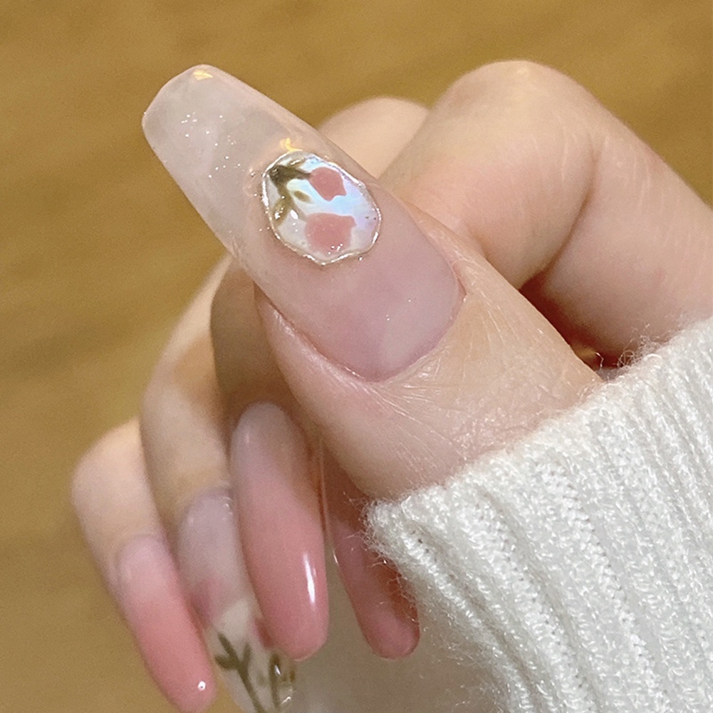 YADORNOS Set 24 móng tay giả YADORNOS họa tiết hoa tulip hồng bao phủ toàn diện