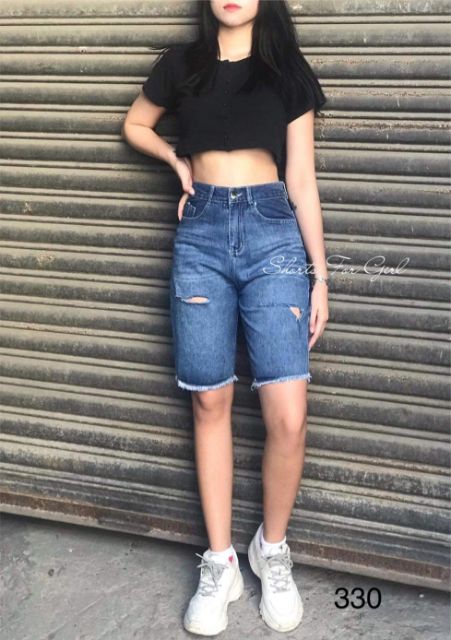 Quần ngố short jeans lửng rách bên xẻ màu đậm lưng cao form rộng kèm ảnh thật