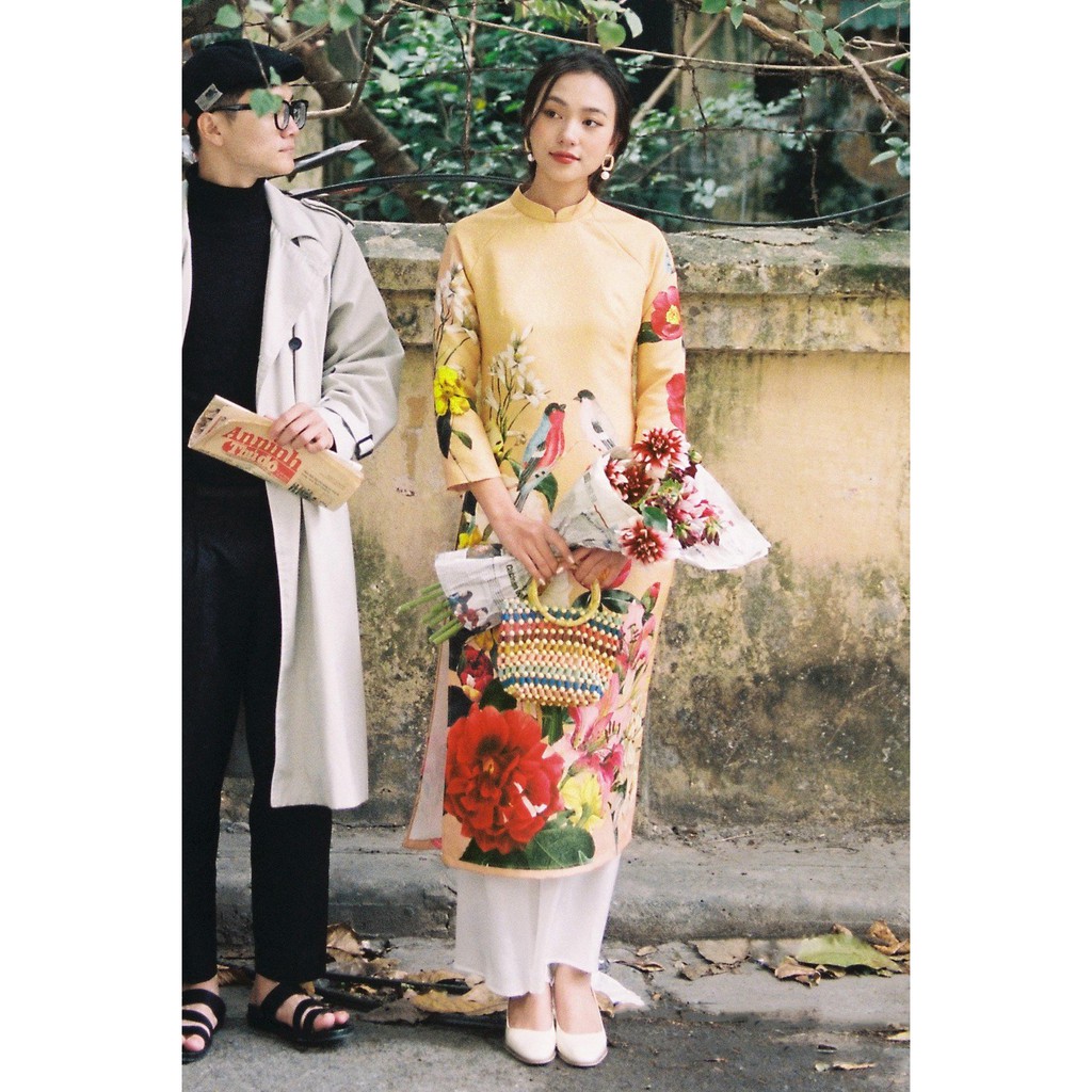 Áo dài vàng hoa ly + quần trắng 1AD1023 ADORE DRESS
