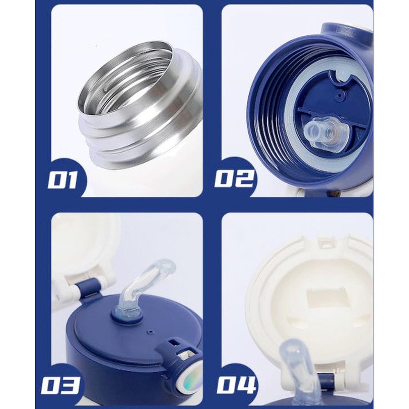 Bình Nước Giữ Nhiệt Bằng Thép Không Gỉ 316 500ML Hình Phi Hành Gia Dễ Thương Kèm Ống Hút Và Dây Đeo Cho Trẻ Em