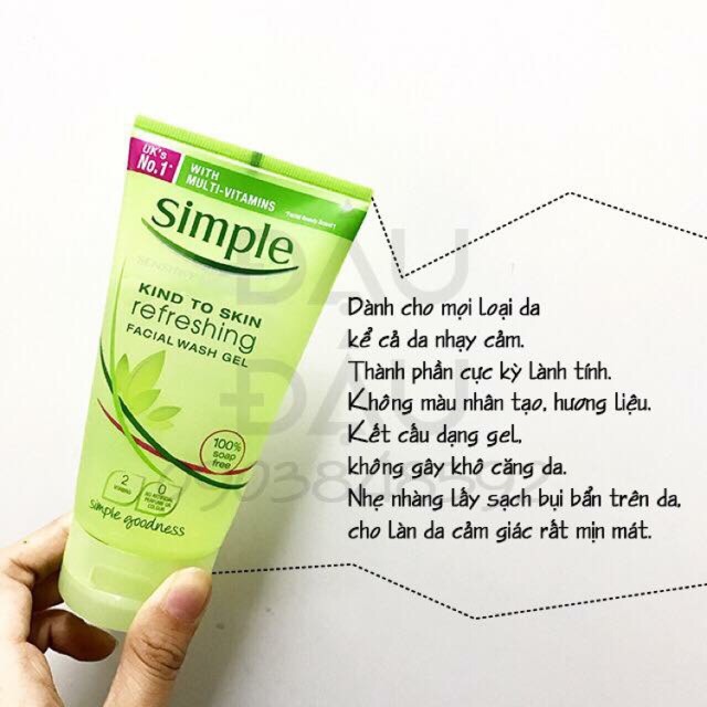 Sữa rửa mặt dưỡng ẩm dịu nhẹ Simple kind to skin refreshing facial wash gel 150ml Auth Hàn Quốc