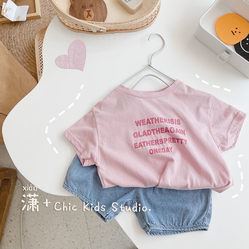 Áo Thun 100% cotton Tay Ngắn Cổ Tròn Màu Hồng Dễ Phối Đồ Cho Bé