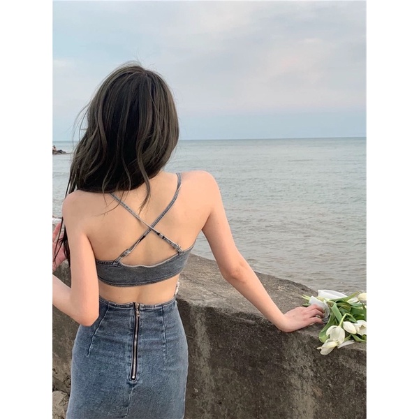 Đầm Denim Hai Dây giống Cúc Tịnh Y Dáng Ôm Đính Nơ Phong Cách Mỹ Gợi Cảm Thời Trang Mùa Hè Hàng Mới Dành Cho Bạn Nữ