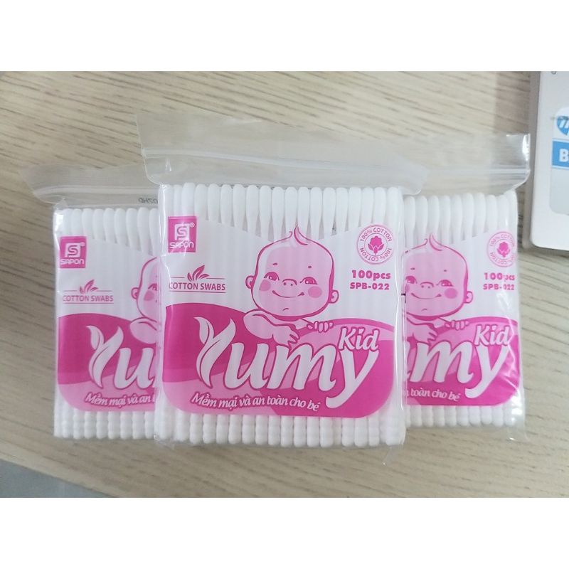 Tăm bông ngoáy tai Yumy  nhãn hiệu tăm bông đạt chuẩn Thụy sỹ Gói 100 que
