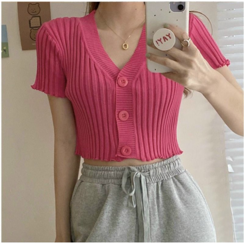 Áo croptop gân đũa tay ngắn nút to(A15