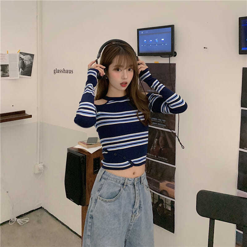 Áo hở vai dáng mỏng dài tay họa tiết kẻ sọc thời trang quyến rũ cho nữ