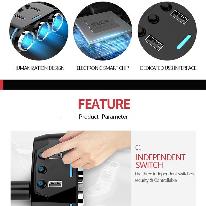 Bộ tẩu chia sạc ô tô YANTU, có công tắc linh hoạt,3 cổng tẩu 2 cổng usb sạc nhanh 3.1A-12V