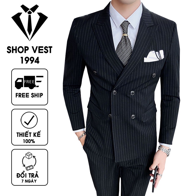 Vest nam cao cấp 6 khuy màu đen kẻ - Bộ vest nam vải cao cấp 2 lớp - quần có chỉnh cạp - vest nam from hàn quốc