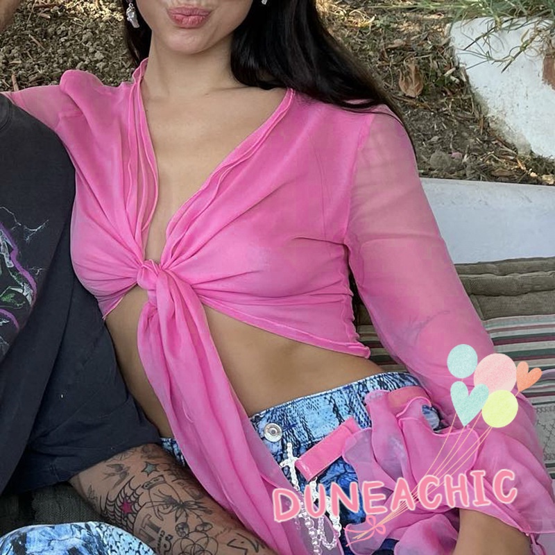 DUNEA Áo Kiểu Tay Dài Cổ Chữ V Thắt Nơ Thời Trang Nữ Tính