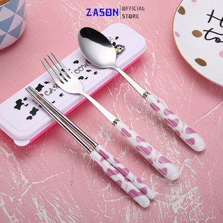 [CAO CẤP] Bộ Đũa Thìa Dĩa Inox Cán Sứ Hình Bò Sữa Siêu Cute