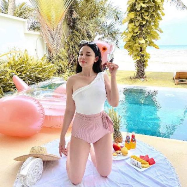 Bikini lệch vai phối màu (hồng trắng & ghi trắng)