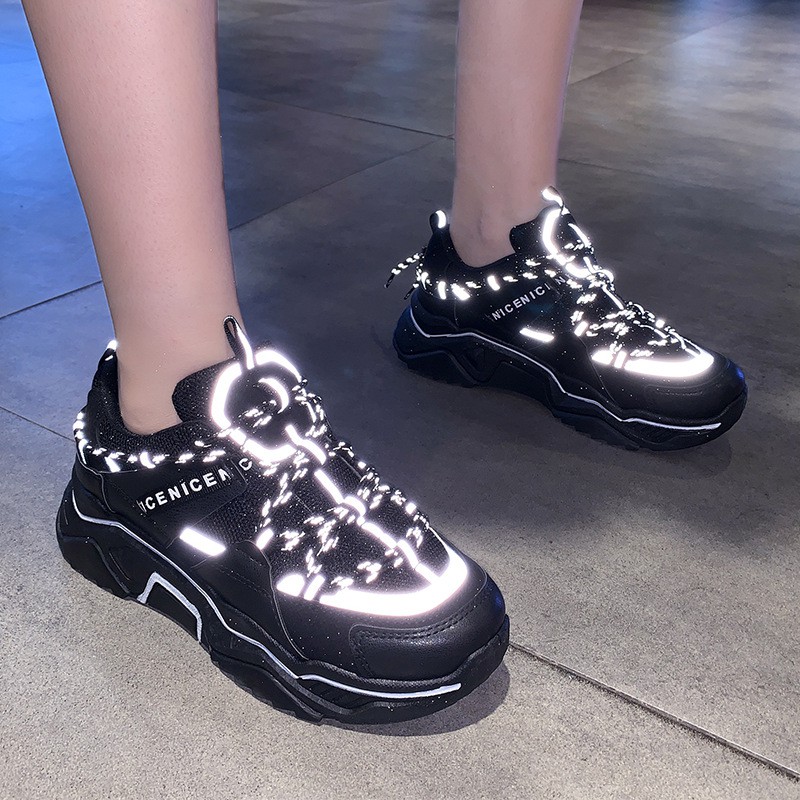 Giày thể thao nữ BLCAG có 2 màu đen &amp; trắng chất da đẹp viền phản quang độn đế cao phong cách ulzzang hàn quốc hot 2020