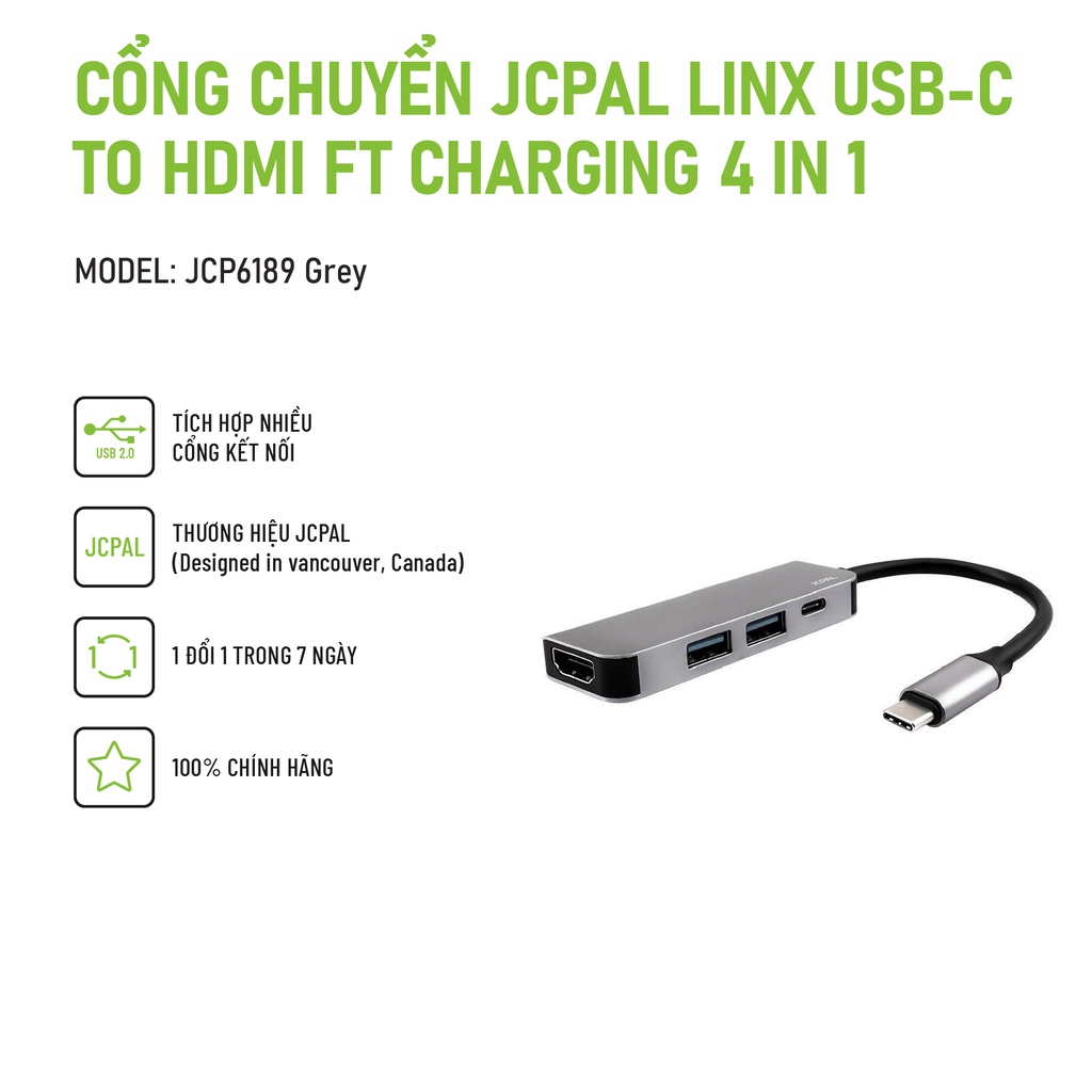 Cổng chuyển JCPAL Linx C USB-C to HDMI ft Charging 4 in 1 đa năng cổng chuyển đổi HDMI, USB