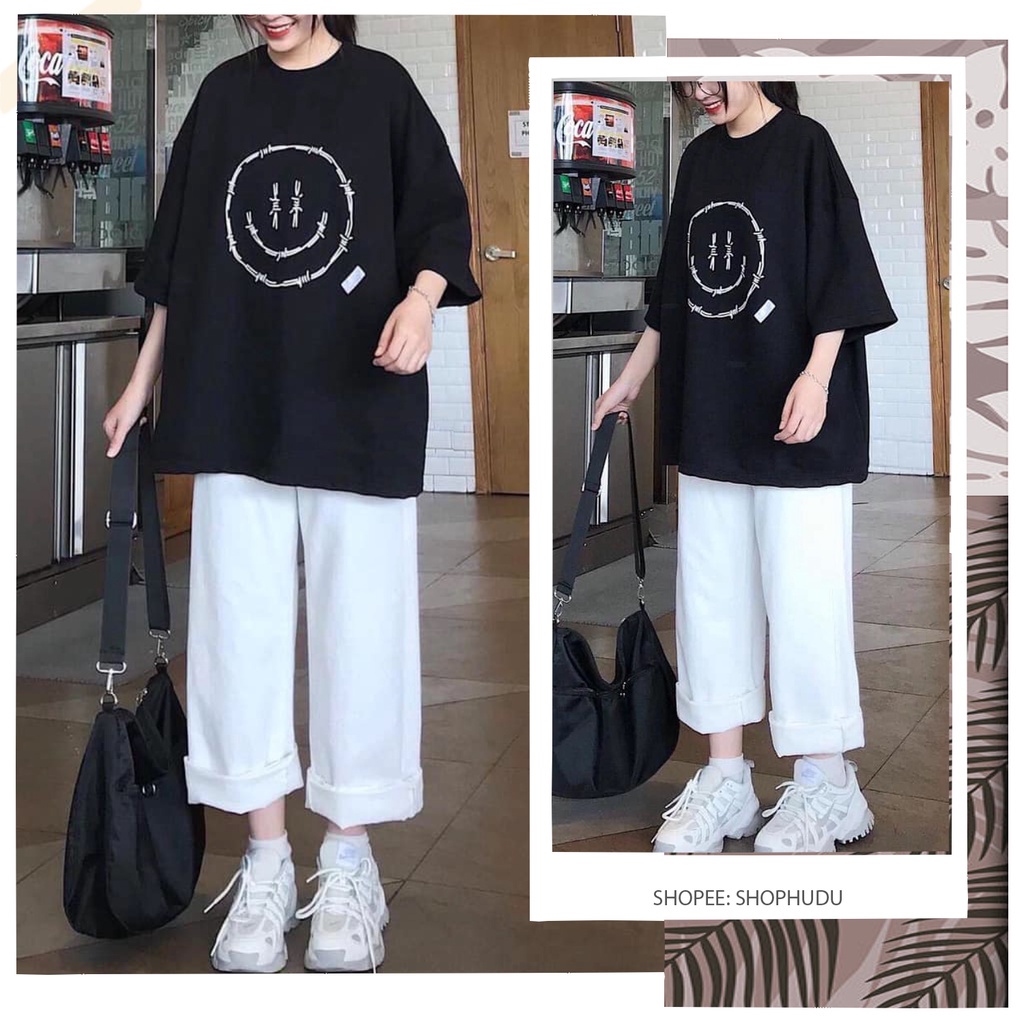 ┅▫₪SQ012 Set áo thun đen mặt cười quần kaki ống rộng trắng bộ phông cộc tay culottes suông Ulzzang cute hè thu đi học