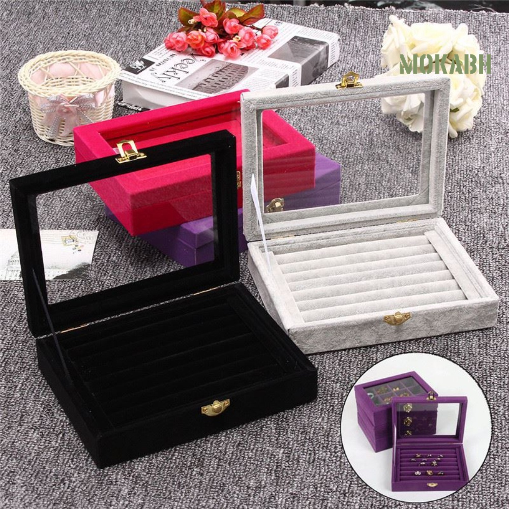 Khay Đựng Trang Sức Bằng Nhung Có Nắp Kính Tiện Dụng