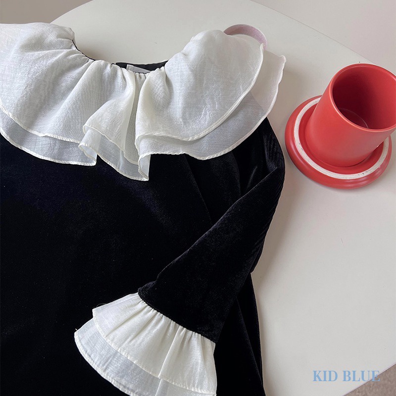 Đầm Nhung Dài Tay Hai Lớp Cổ Búp Bê Thời Trang Hàn Quốc Cho Bé Gái