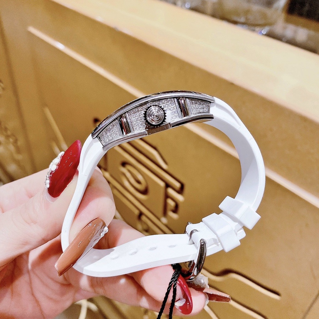 Đồng Hồ Nữ hanboro Quartz , Dây Cao Su Màu Trắng , Size 38x30mm
