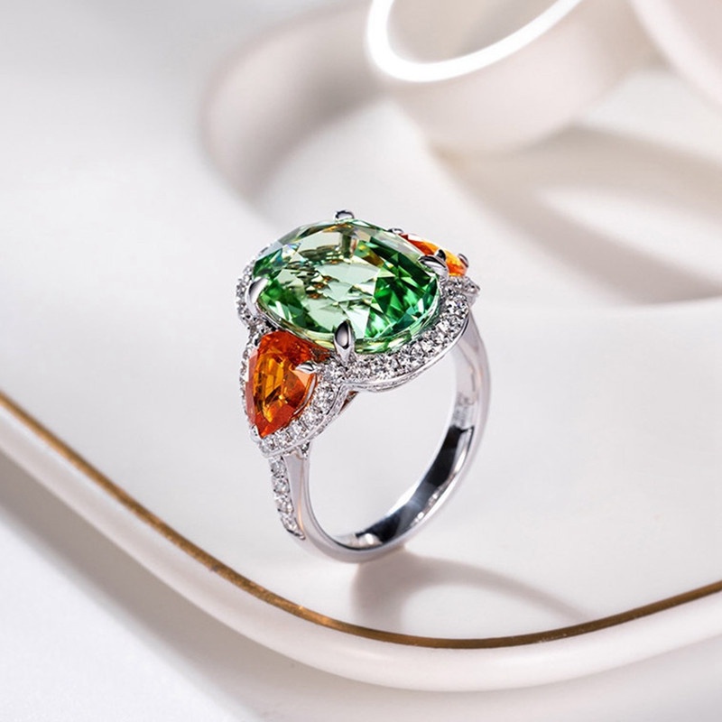 Nhẫn hở đính đá màu xanh lá cây và cam Tourmaline sáng bóng phong cách mới sang trọng